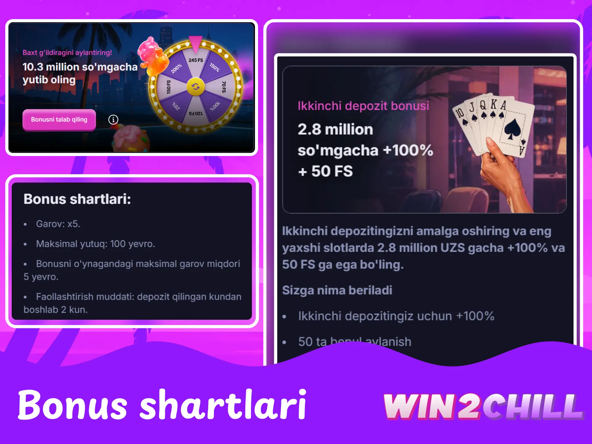 Win2Chill bonuslarini olish, tikish va ishlatish shartlari hamda cheklovlari.