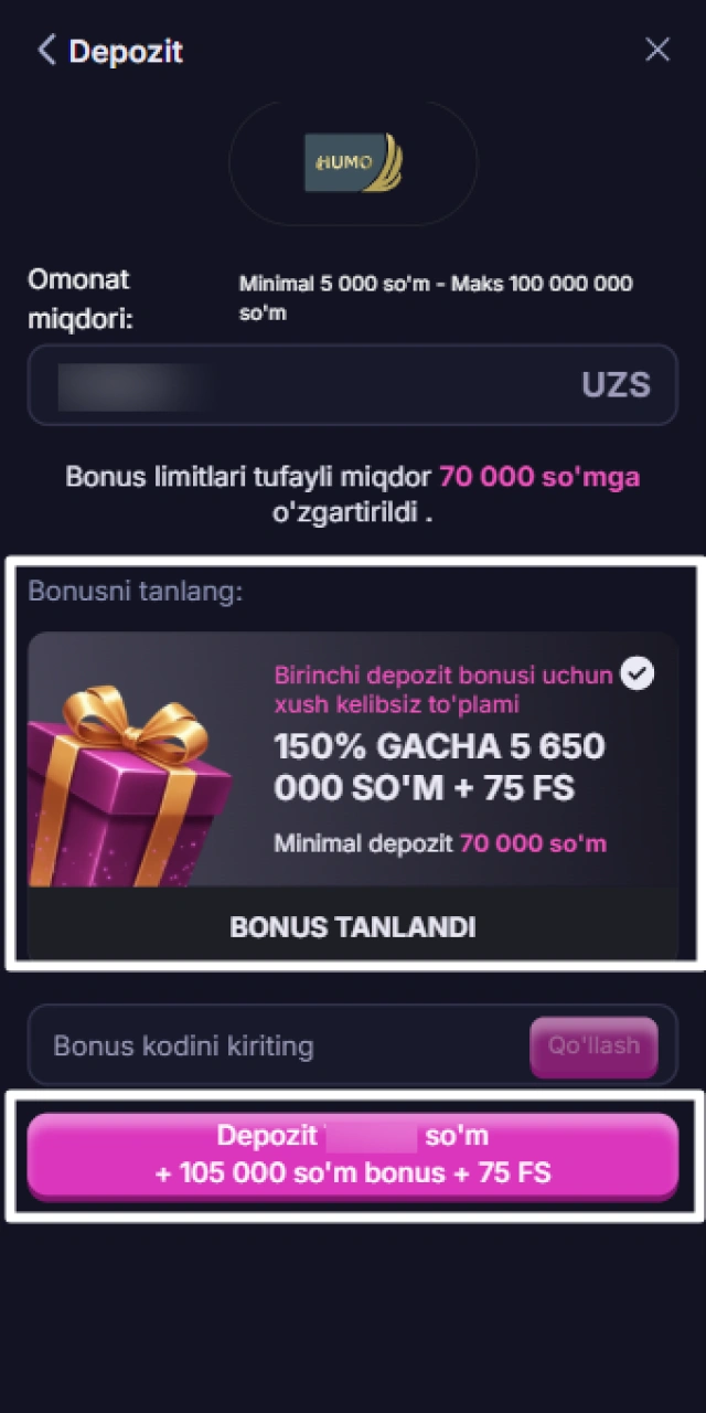 Win2Chill-da birinchi depozitni kiritish va mos bonus taklifini tanlash.
