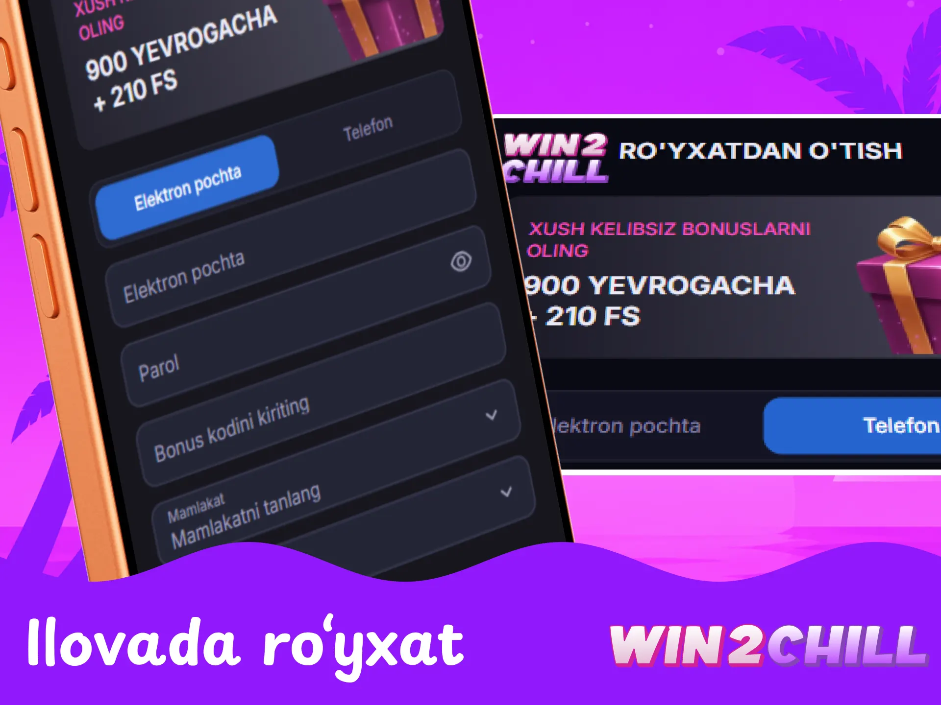 Win2Chill mobil ilovasi orqali yangi hisob va akkaunt yaratish bosqichlari.