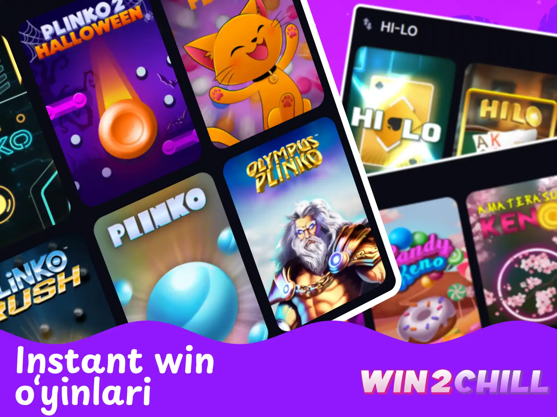 Win2Chill platformasidagi instant win va tezkor yutuqli o‘yinlar.