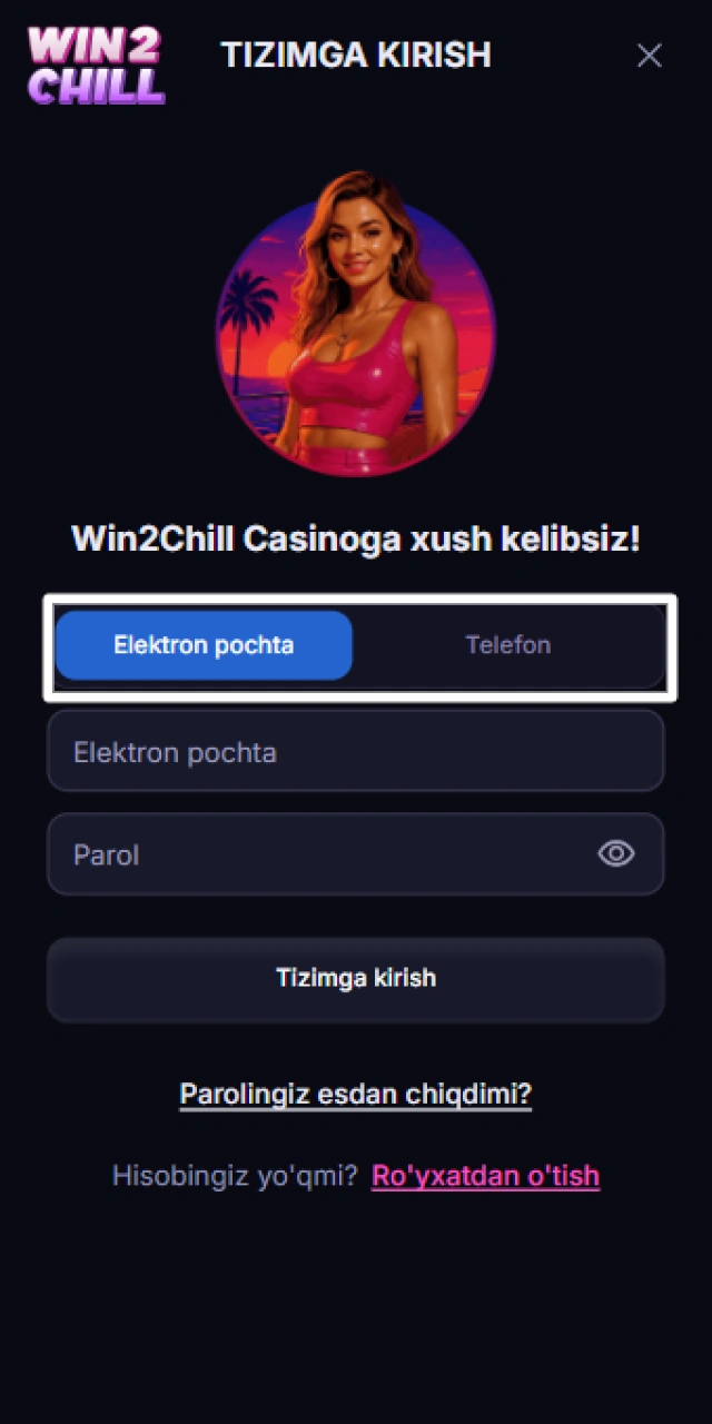 Win2Chill mobil versiyasida telefon raqami yoki email orqali kirish usulini tanlash.