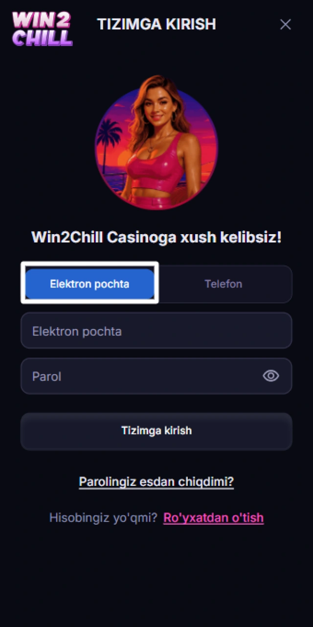 Login formalaridan email manzili orqali kirish bo‘limini tanlash.