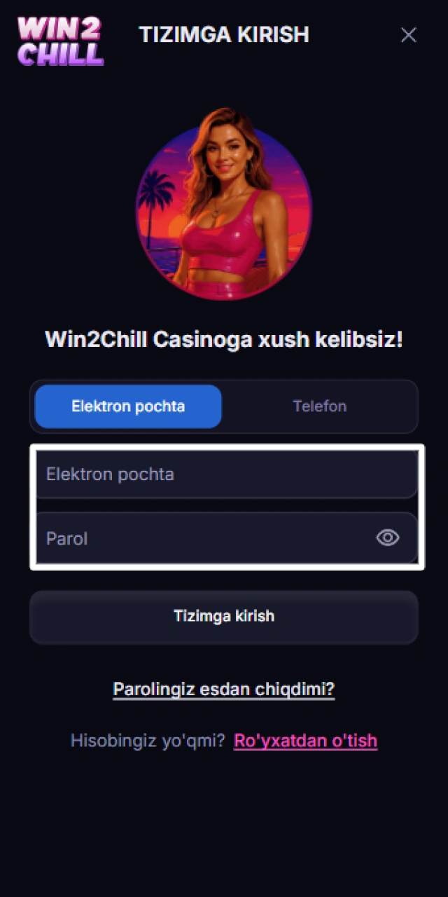 Win2Chill akkauntiga kirish uchun email va parolni kiritish.