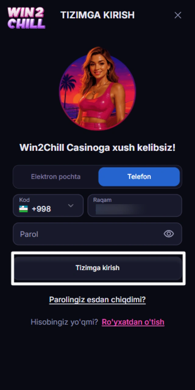 Win2Chill shaxsiy kabinetiga kirishni tasdiqlash va tizimga kirish.