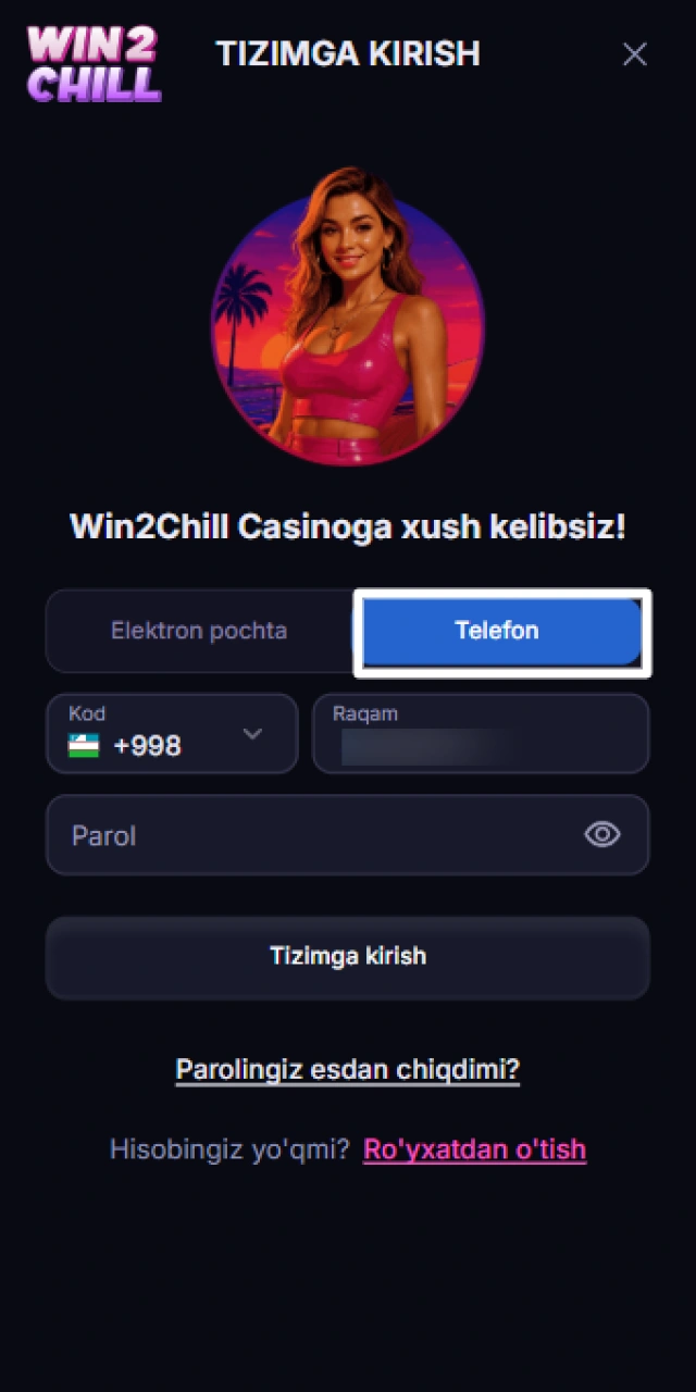 Login formalaridan telefon raqami orqali kirish bo‘limini tanlash.