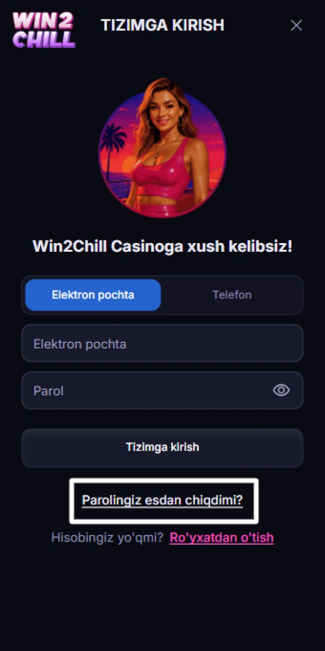 Win2Chill login sahifasida "Parolni unutdingizmi?" havolasini bosish.