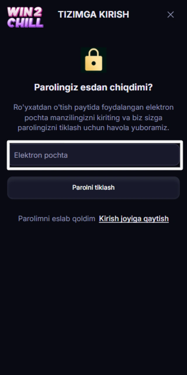 Win2Chill-da parolni tiklash uchun SMS yoki email usulini tanlash.