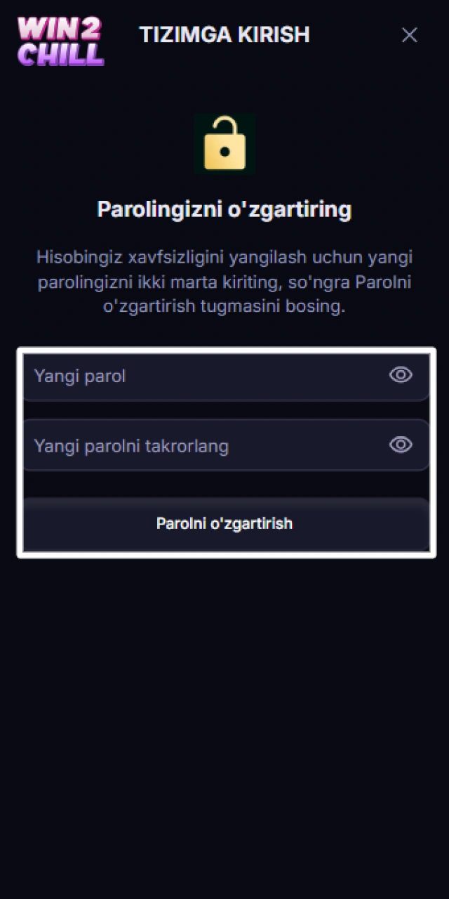 Win2Chill hisobiga kirish uchun yangi va xavfsiz parol yaratish.