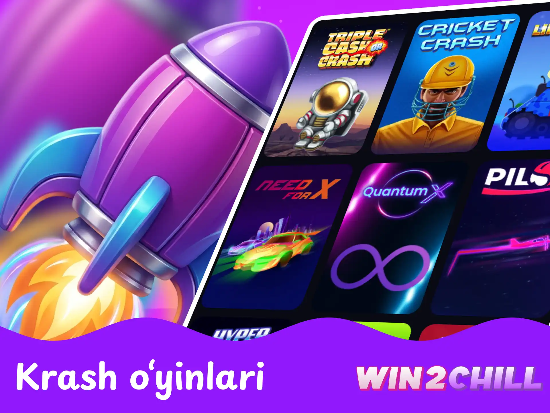Win2Chill kazinosidagi tezkor krash o‘yinlari va yuqori koeffitsientlar.