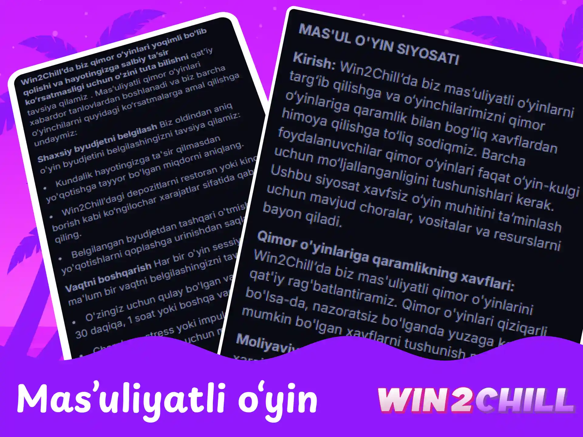 Win2Chill kazinosida mas’uliyatli o‘yin tamoyillari va xavfsiz o‘ynash maslahatlari.
