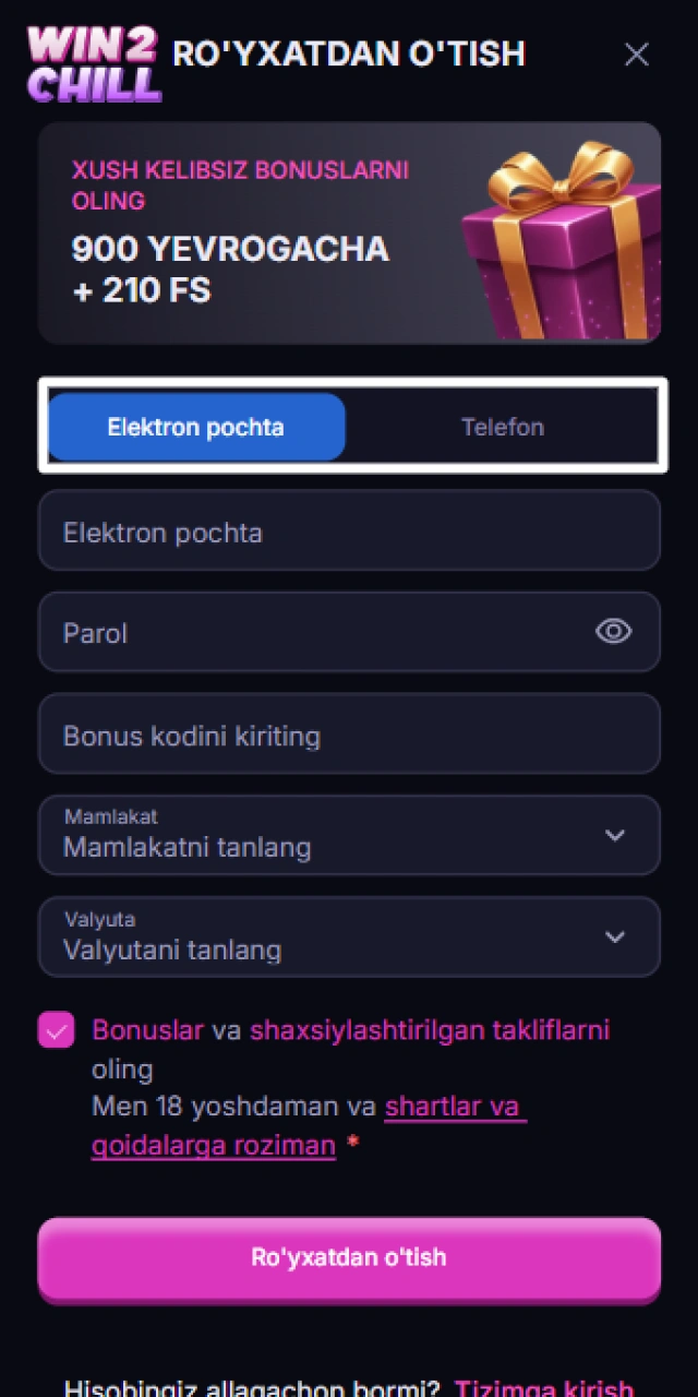 Win2Chill-da ro‘yxatdan o‘tish uchun email yoki telefon raqami usulini tanlash.