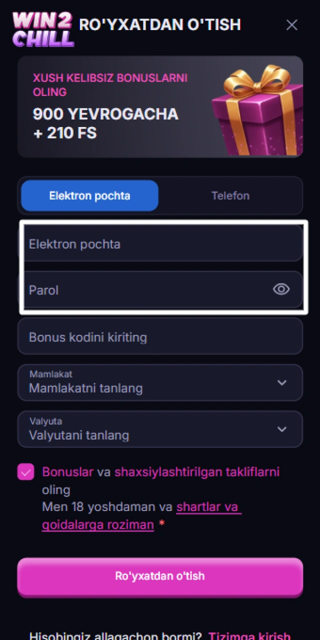 Parol va kerakli kirish ma'lumotlarini Win2Chill formasiga kiritish.