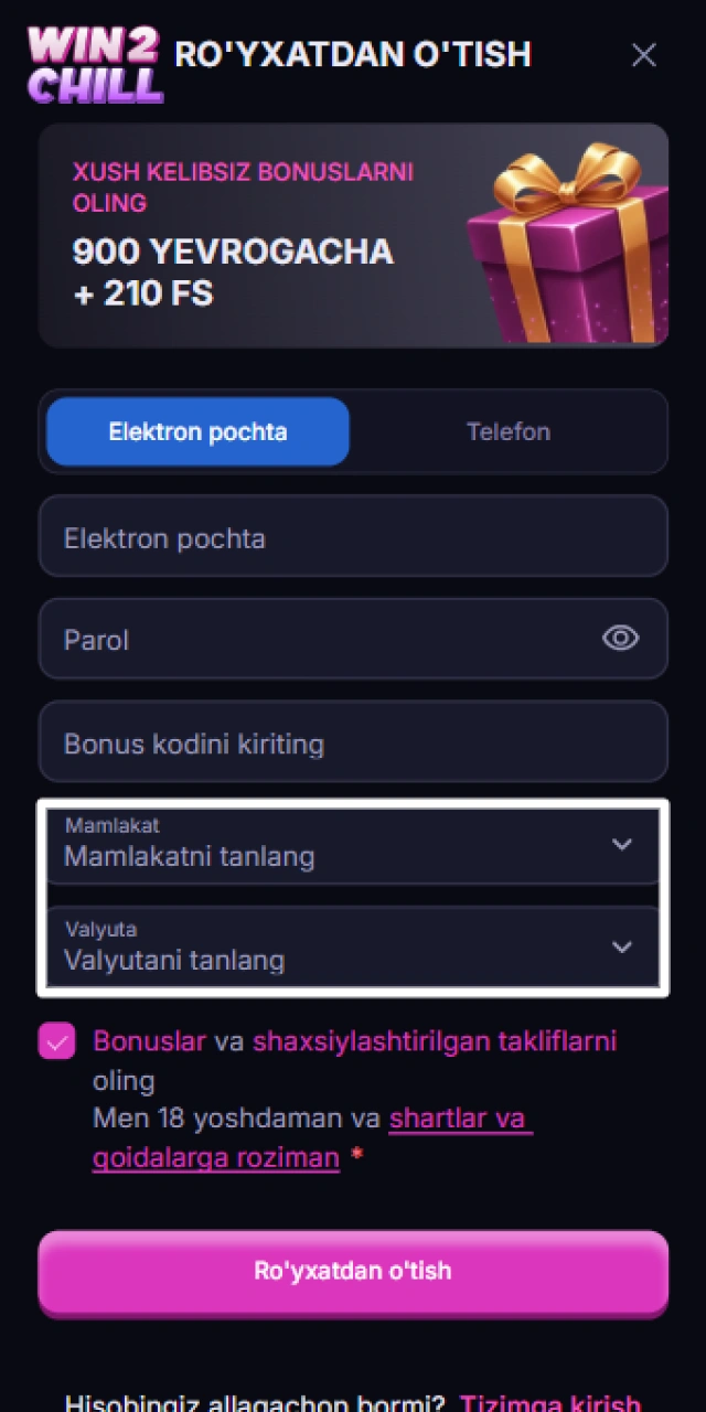 O‘ynash uchun mamlakat va qulay valyutani tanlash.