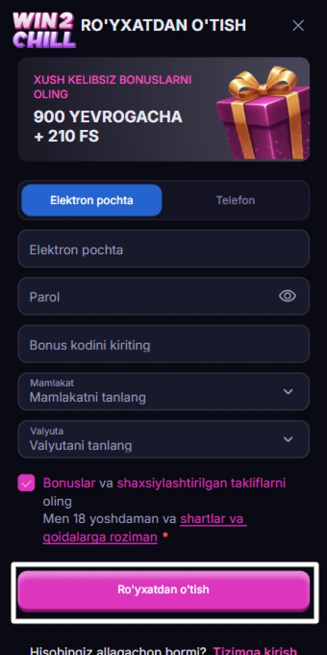 Win2Chill-da ro‘yxatdan o‘tish tugmasini bosish va yangi hisob yaratishni yakunlash.