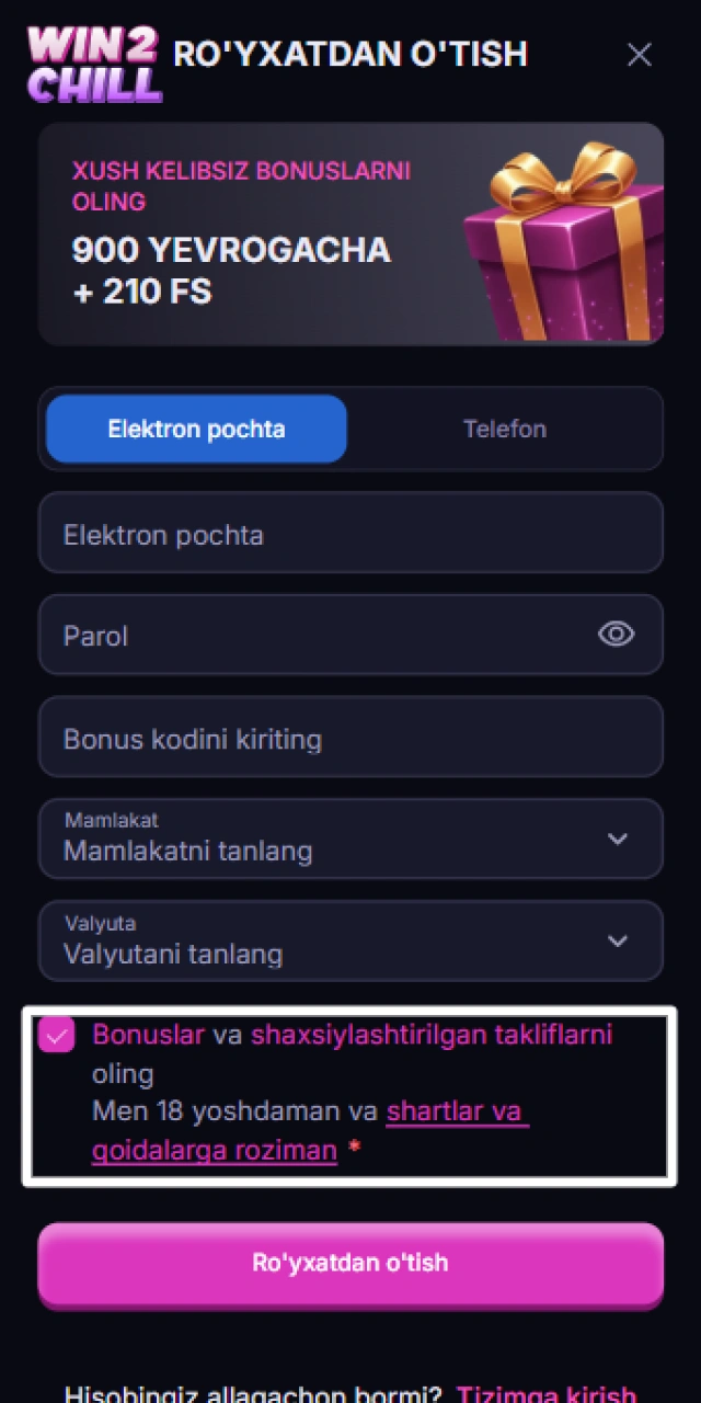 Win2Chill platformasining foydalanish shartlari va qoidalarini tasdiqlash.