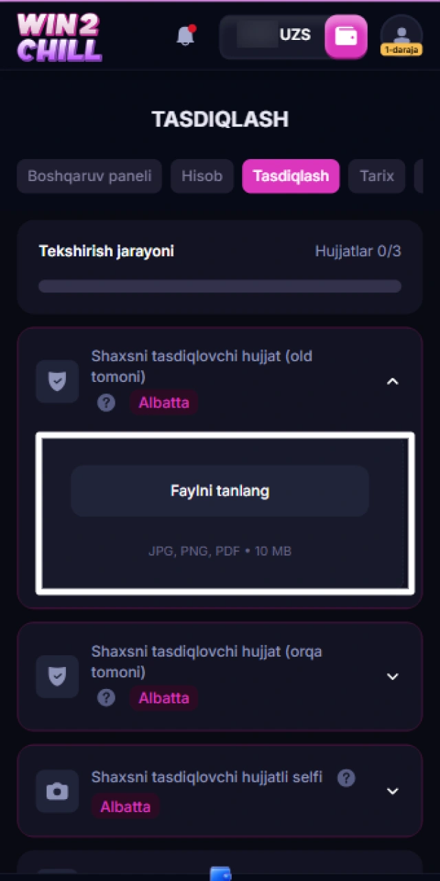 Win2Chill-da KYC verifikatsiyasi uchun shaxsni tasdiqlovchi hujjatlarni yuklash.