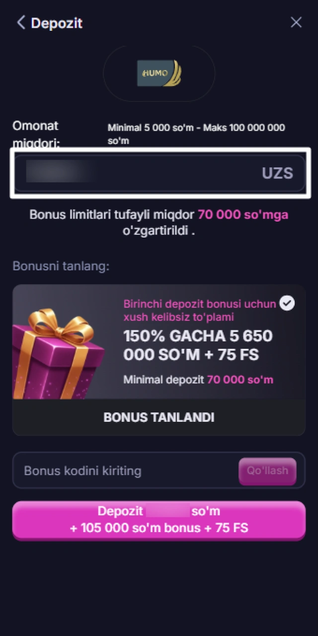 Win2Chill hisobini to‘ldirish uchun depozit miqdorini kiritish.