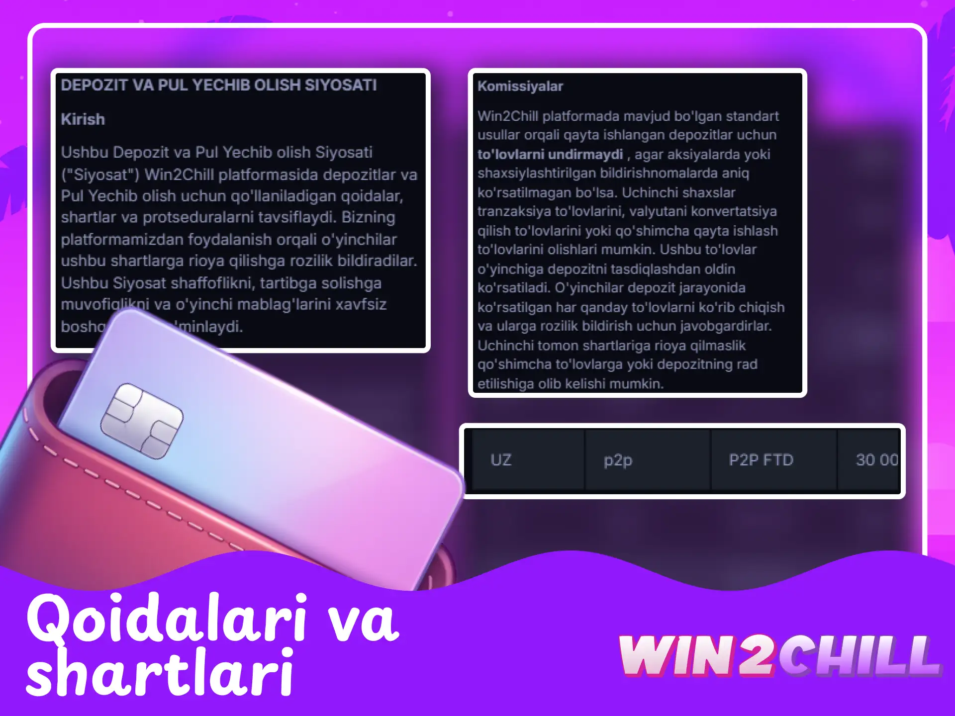 Win2Chill platformasida to‘lovlarni amalga oshirish qoidalari va shartlari.