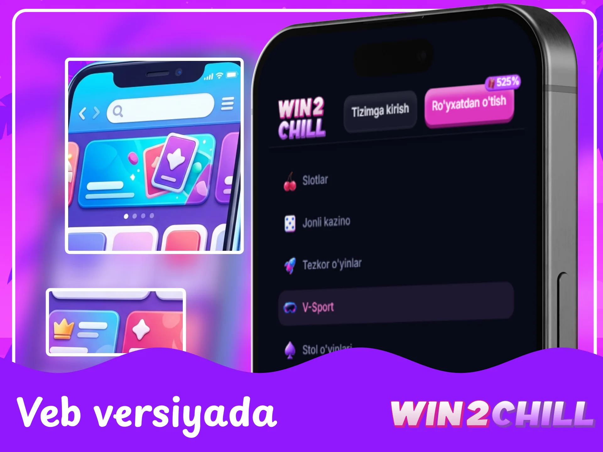 Win2Chill kazinosining smartfonlar uchun moslashtirilgan mobil veb versiyasi.